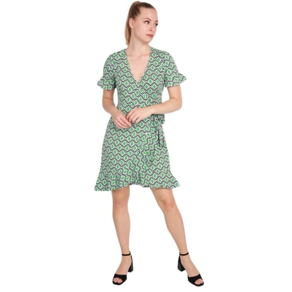 ONLY Onlivia Green Geometric Wrap Dress Size Small | Tie Waist Mini